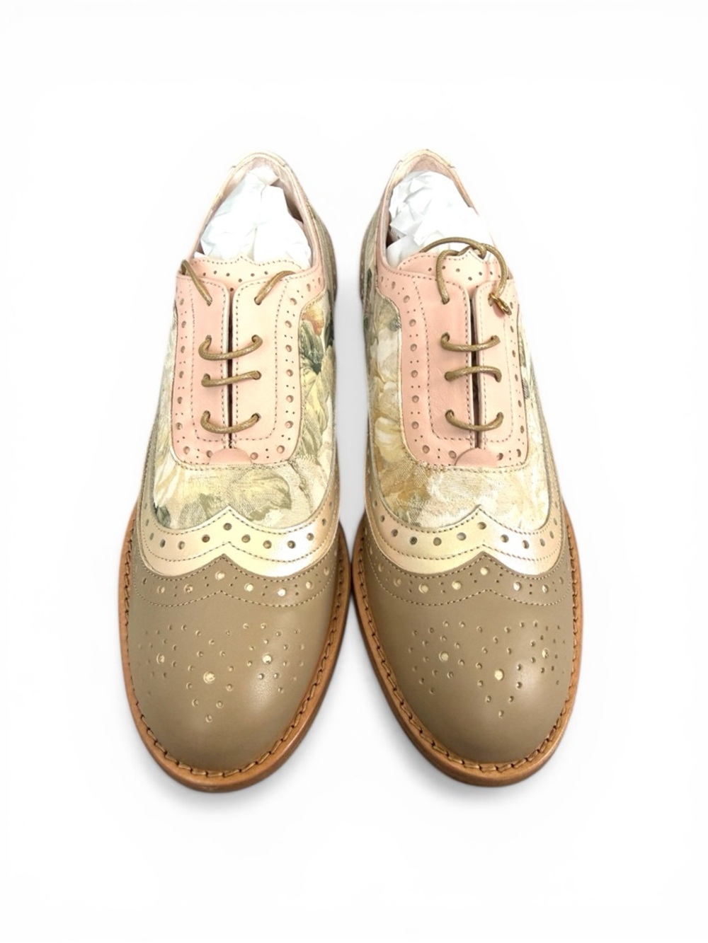 Floral Panel Leather Wingtip Loafers in Beige & Gold - Picture 11 of 11
